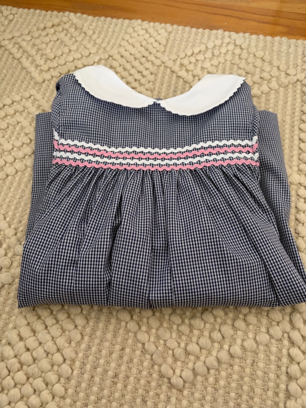 Navy Gingham Peter Pan Collar Dress with Pink Smocking